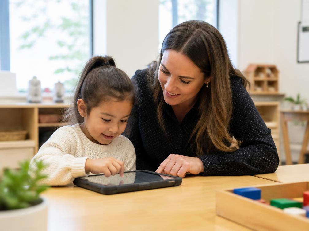 Teacher and young child learning on a tablet